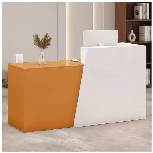 POPICK Empfangstheke, Moderner Empfangstresen mit Schublade und Ablagefächern, Stabile Bürotheke Rezeptionstisch Verkaufstheke für Salon, Geschäft, Hotel, Café, Praxis(White+Orange/Right,220cm)
