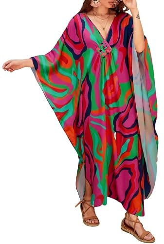 Bsubseach Kaftan Dresses for Women Ethnic Print Plus Size Swimsuit Coverup Moo Moos Caftan with Pockets Vacation Outfits Pink