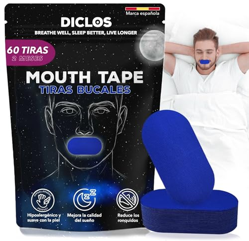 PACK 60 TIRAS BUCALES para Dormir. Mouth Tape for Sleeping. Cinta Bucal Antironquidos. Tapa Bocas para no Roncar. Tape Bucal. Cinta Boca para Dormir. Parches Boca Cerrada. (Azul sin Orificio)