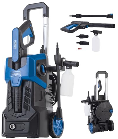 Scheppach Hochdruckreiniger SHD150 inkl. Zubehör | Quick-Connect-System & Ansaugfunktion | Maximaldruck 150bar | Leistung 1800W | Durchflussmenge 420 L/h | Schlauch/Kabellänge 5m | Ausziehbarer Griff | Durchflussmenge 420 L/h | Schlauch/Kabellänge 5m | Quick-Connect-System & Ansaugfunktion | Ausziehbarer Griff