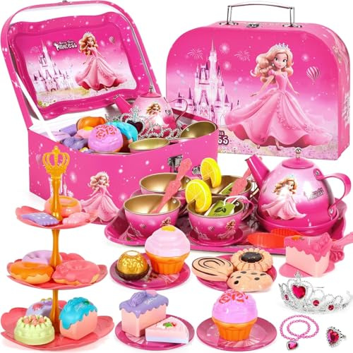 DAJWJAN 52 Pcs Juego de Té Infantil – Set Merienda con Valija | Juego de Rol con Corona y Bisutería, Metal Lacado Seguro, Sin BPA – Ideal para Cumpleaños y Bolsas de Sorpresas
