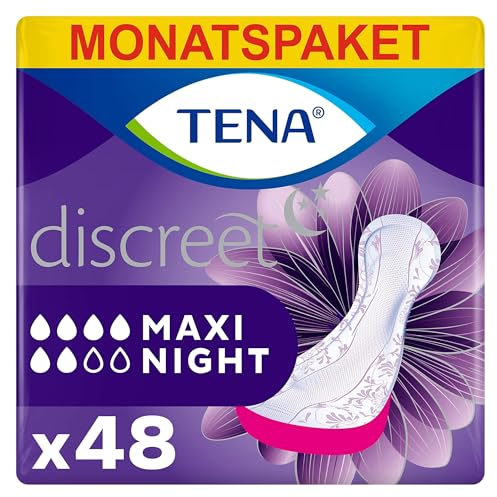 TENA Discreet Maxi Night Pacco Scorta Mensile - Assorbenti per perdite urinarie femminili, discreti e confortevoli, 8 confezioni x 6 pezzi