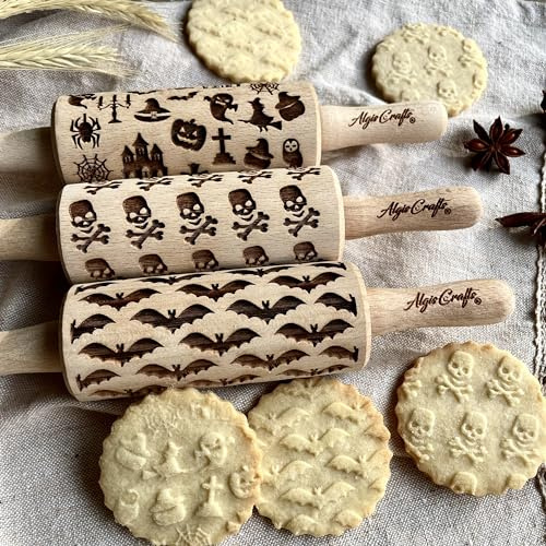 Kinder Nudelholz mit Muster HALLOWEEN 3-er SET - Teigroller Holz für DIY Plätzchen - Graviert Plätzchenrolle mit Motiv - 3D Plätzchen Roller von Algis Crafts