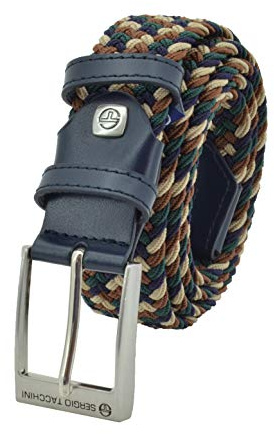 Sergio Tacchini Cinturón Elástico Trenzado para Hombre y Mujer, con Detalles de Piel Auténtica, Caja de Regalo