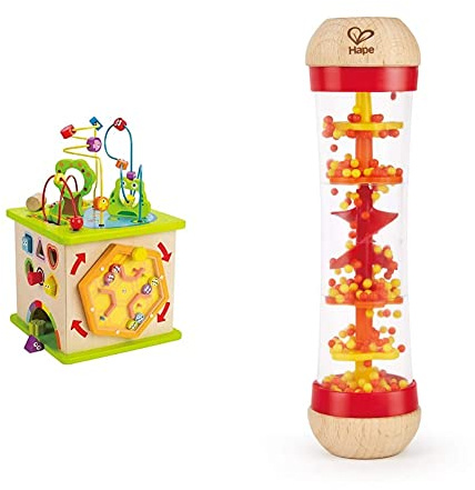 Hape E1810 - Motorikwürfel Kleine Tierchen, aus Holz, ab 12 Monate & Regenmacher | Mini-Rassel aus Holz Regenmacher-Spielzeug, Rot