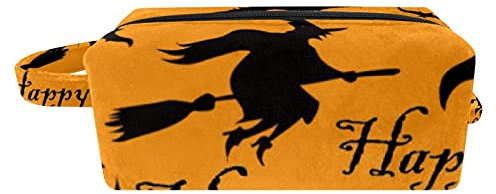 Makeup Bags for Women Portable Cosmetic Case Organizer Pouch with Handle Travel Toiletry Bag Happy Halloween Witch Broom