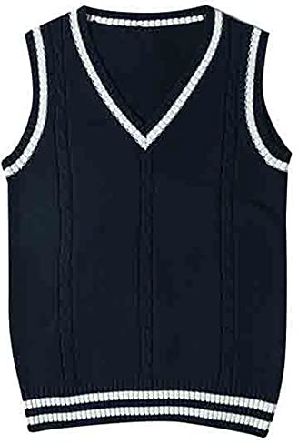 Dawwoti Women's Sleeveless Jumpers Uniform Cable Knit Sweaters Vests Pullovers Cotton Knitwear Dark Blue