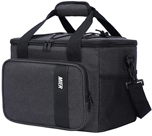 MIER Large Lunch Bag with Shoulder Strap & Multiple Pockets, 15L, Dark Grey | Cool Bag with Leakproof Interior, Insulated Cooler for Work, Picnic, Travel, Camping, Car Trip, Bungee Cord, Keep Food Cold