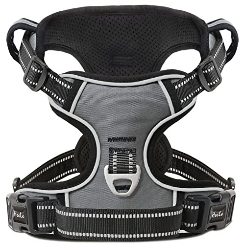 HEELE Harnais Chien, Harnais Chien Anti Traction, Réfléchissant, avec Poignée Rembourrée Contrôl, 2 Anneaux Métal, Harnais pour Petit Moyen et Grand Chien, Gris, L