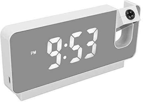 Projektionswecker, Digitaluhr mit Breitem LED-Bildschirm und um 180 ° Drehbarem Projektor LED-Wecker mit USB-Ladeanschluss, Anzeige von Uhrzeit, Datum und Temperatur für das Schlafzimmer zu(Weiß)