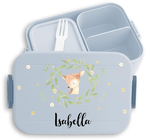 Kinder Bento Box Midi für Mepal Bentobox - Brotbox süßes Reh Lunchbox Rehkitz Vesperbox I - 900 ml - Hellblau - brotdose kindergarten brotzeitbox mädchen schule rehlein name snackbox brotdosen