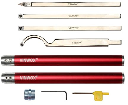 VINWOX 9 PCS Carbide Wood Lathe Turning Tool Set, Pen Turning tools, Including Swan Neck Hollower, Rougher, Finisher, Detailer, Aluminum Handles from 14 to 29, Fine Polished Stainless Steel Shank