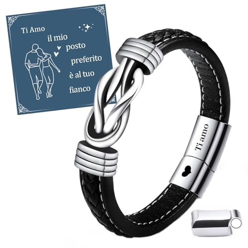 VU100 Bracciale per uomo Regalo per uomo Bracciale in acciaio inox in pelle Ti Amo San Valentino Regalo di compleanno per il fidanzato Marito Uomo regalare