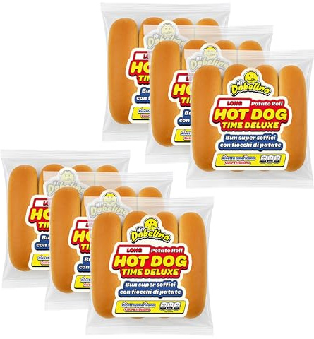 Mr.Dobelina Hot Dog Kartoffelbrötchen, 6er Pack 4x60g und 16cm, weich und goldgelb, laktosefrei, ideal für reichhaltige Hot Dogs nach amerikanischer Art, ohne Konservierungsstoffe oder Zusatzstoffe