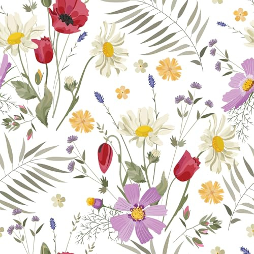 VaryFloral Papier Peint Adhesif Mural Blanc Papier Peint Fleuri 30.5cmx300cm Film Autocollant Meuble Fleuri Colorées Adhesif Mural Decoratif Marguerite Cuisine Salon Chambre
