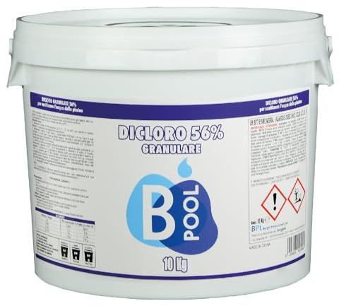 B POOL Dicloro 56% Diidrato Granulare. Cloro per Piscina Granulare ideale per sanitizzare l'acqua della tua piscina. Prodotto a scioglimento rapido con impatto minimo sul pH. Formato da 10 Kg