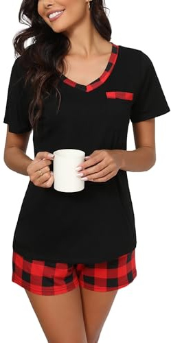 Yukiuiny Pyjama Femme Été Coton Ensemble Vêtement d'Intérieur Haut et Bas Carreaux Plaid Femme Tee Shirt Manches Courtes Col V Boutons Vêtement de Nuit Pantalons de Pyjama Printemps Douce Confortable