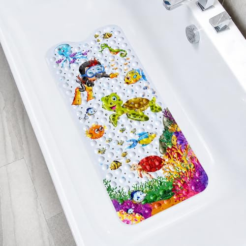Bathtub Mat for Kids, 100CM x 40CM Extra Long Bath Tub Mat Anti Slip Shower Mat with Suction Cups and Drain Holes for Bathroom Wet Floor | Machine Washable | Marine Animal world