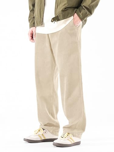 PLEPAN Cordhose für Herren, Weite Beine, lockere Passform, Kordelzug, elastische Taille, Sweathose, Vintagehose, Beige, Groß