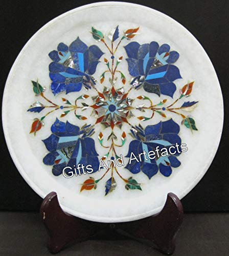 White Pizza Serving Tray from Indian Heritage Art and Crafts Lapis Lazuli Stone Inlay Work 9 x 9 Inches Round Shape Marble Snacks Plate