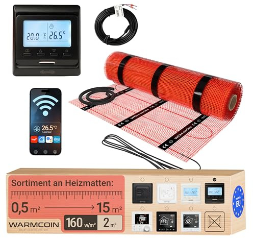 Warmcoin Elektrische Fußbodenheizung Komplettset 160 W/m² – Selbstklebende Heizmatte für Fliesen, Laminat, Vinyl & Parkett – 2,0 m² (0,5 x 4 m) – Inkl. WLAN-Thermostat W51 Schwarz