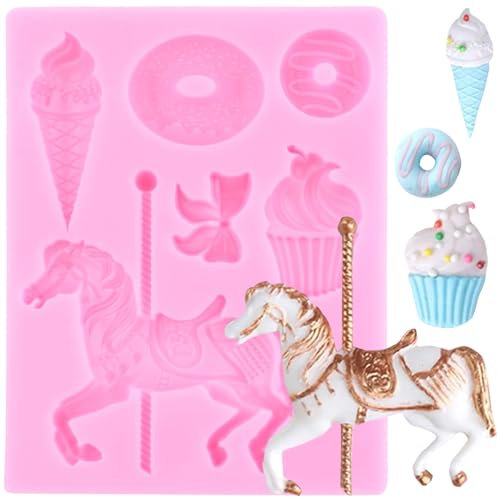 XMOLDNMS Stampo in silicone a forma di cavallo a giostra, per fondente, cioccolato, gelato, ciambella, decorazione per torte, cupcake, pasta di gomma, caramelle, argilla polimerica