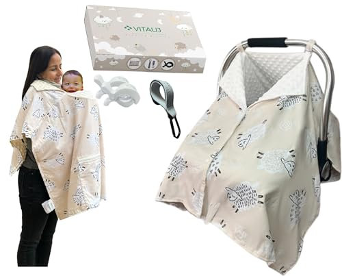 VITAUJ Parasol Carrito Bebé Universal 4 en 1 – Manta Reversible Algodón & Minky | Protección Solar, Viento y Lluvia | Cobertor Lactancia, Porteo y Cochecito | Incluye Clips y Gancho