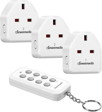 DEWENWILS Remote Control Plug Socket, Programmable & Expandable Wireless Light Switch, 13A/3120W, 30M Long Range, Remote Plug for Vacs, Lamp, UKCA Listed, 1 Remote 3 Sockets