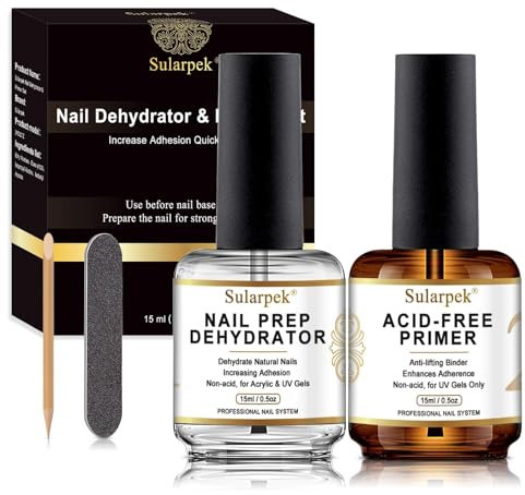 sularpek Primer Ongle Gel Uv, 15 Ml * 2 Pcs Primer Ongle et Deshydrateur Ongle, avec 1 Limes à Ongles et 1 Bâtons en Bois, Nail Prep, Acid Free Primer pour Fixation et Adhérence de Manucure
