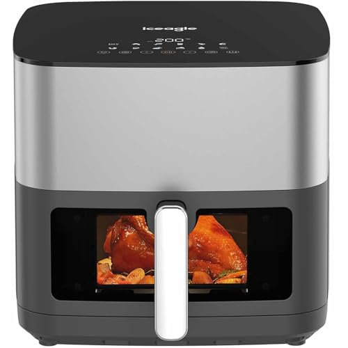 Iceagle Heißluftfritteuse 9L XXL - 2000W Airfryer mit Ober- und Unterheizung | Heissluftfritteuse mit Sichtfenster, 12-in-1, DIY-Funktion, 360° Metalldesign, Ergonomisch Touchscreen, Rezepte