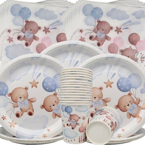Doyomtoy Plüschbär Partygeschirr,60 Stück Plüschbär Babyparty Deko,Bären-Pappteller Becher,Servietten Bärchen Geburtstag Deko für Kindergeburtstag Party Deko Babyparty Geburtstag Party Zubehör
