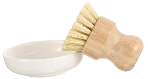 WESIEVYA Kitchen Cleaning Brush Set Bamboo Fiber Pot Brush and Ceramic Drain Dish Holder Multi-purpose Suitable for Scrubbing Cookware and Plates
