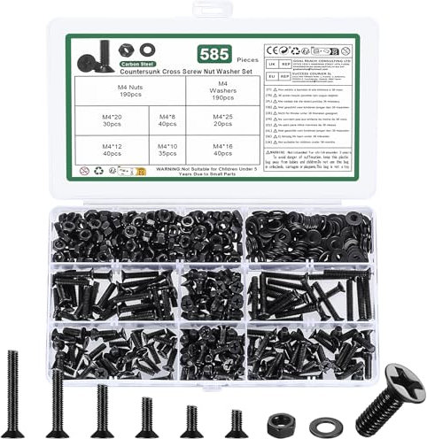 585 Stk m4 Schrauben Set, Senkkopfschrauben Muttern Set, Flachkopfschrauben und Muttern Set, Kreuzschlitz Maschinenschrauben Sortiment, Gewindeschrauben Set mit Unterlegscheiben Set(Schwarz, m4)
