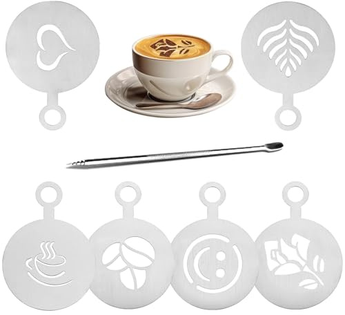 Aiyraa 6 Stück Kaffeeschablone Edelstahl Set, Cappuccino Barista Schablonen Kakao Dekorations Schablone Kaffeezubehör, Tortenschablone, Kaffee Schablonen für Dekorieren von Kaffee, Kuchen, Waffeln
