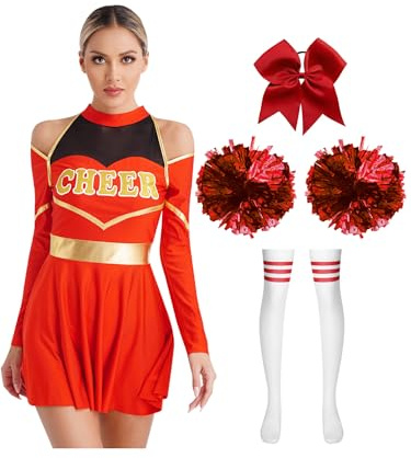 Fldy Damen Kostüm Cheer Leader Kleid Pompons Socken Haargummi Halloween Karnevalskostüme High School Party Tanz Set Rot&Breit-Pompons M