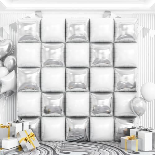 White and Silver Square Foil Balloons Wall Tunnel Backdrop Double Sided Metallic Balloon Arch Garland Kit For Graduation Wedding Winter Wonderland Baby Shower Birthday Party Decorations
