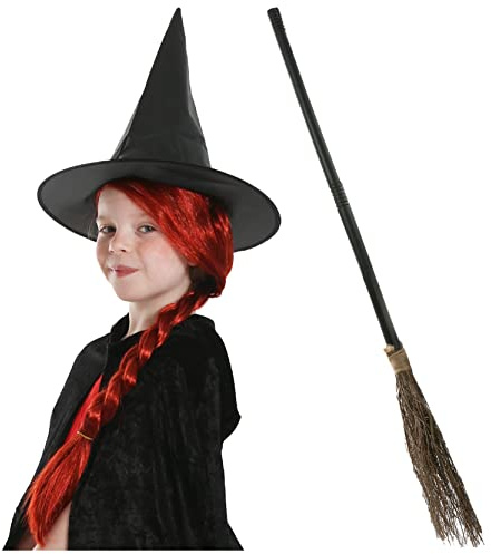 Kids Kind Witch Costume - Black Witch Hat, Auburn Plait Wig, 3-Piece Broom Stick - Childs Book Week World Book Day Fancy Dress Costume