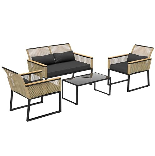 Outsunny Polyrattan Gartenmöbel Set 4 Personen, wetterfest Balkonmöbel-Set mit 2er Sofa, 2 Stühle Glastisch Sitzkissen, Outdoor Sitzgruppe, Terrassenmöbel Gartengarnitur für Garten Balkon, Schwarz