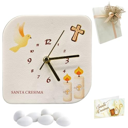 Doni Bomboniere Cresima 1 pz Orologio in Ecopelle con Stampa con Simboli Sacri Santa Colomba Croce e Candela Personalizzabile Artigianale Complete Regalo Originale (MOD. 23-22 x 22 cm)