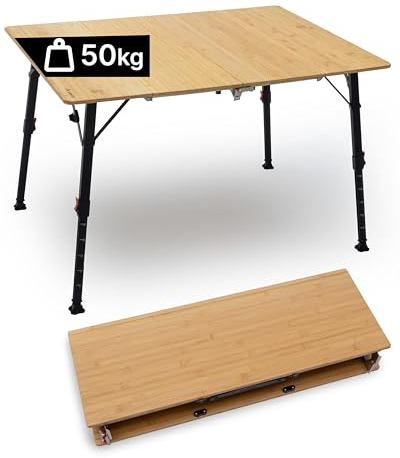 qeedo Quick Kimmy Campingtisch 110 x 80 cm - klappbarer Bambus Tisch höhenverstellbar 43 bis 70 cm - Faltbarer Campingtisch mit Tragegriff & Packtasche - Stabiler Outdoor Tisch für 4 Personen