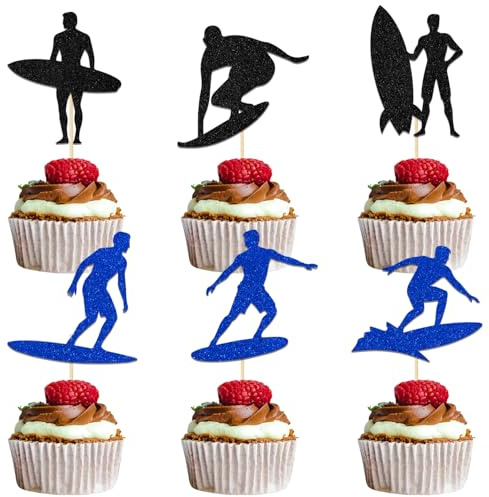 24Pcs Surfing Cake Decoration Summer Beach Party Decoration | Surf Birthday Cake Topper Summer Birthday Bachelorette Party Decoration Black Blue Glitter