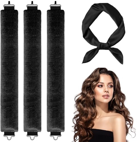 3 rizadores sin calor y rulos para secado nocturno - Varillas para diadema sin calor, ondas de salón para secado nocturno, kit de peinado ajustable de terciopelo (negro)