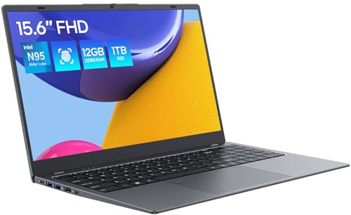 ECOHERO Computer portatile, 12 GB DDR5/1TB SSD, N95 Quad-Core, 15,6 pollici 1920x1080 FHD, WiFi Dual Band, BT5.0, sblocco impronte digitali/interruttore fotocamera fisica (grigio)