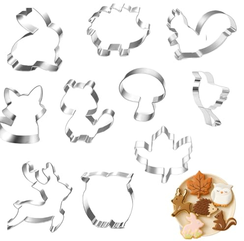 Lot de 10 Emporte Pièces Animaux de la Forêt, Automne Fondant Biscui, Écureuil, Champignon, Oiseau, Lapin, Hérisson, Feuille d'Érable, Chevreuil, Renard, Chouette