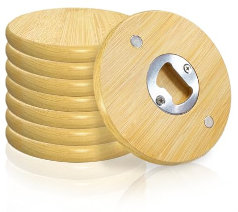 JTENGYAO 8Pcs Imitation Wood Coasters for Drinks with Bottle Opener Set, Bamboo Magnetic Coasters Attached to Refrigerator for Coffee Table Dining Table Desk, Suit for Home Office Christmas Decor