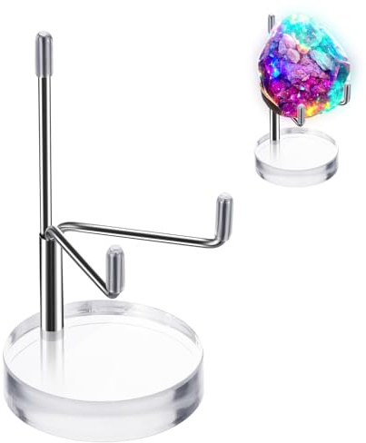 Heclia Adjustable Metal Arms Plate Stands Small Rock Stands for Display Easel Holder Stand with Acrylic Base Silver Decorative Display Stand Clear Base Home Décor Accents for Crystal Coral Agate