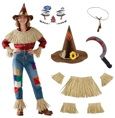HarnyLoom 9 PCS Scarecrow Costume Adult, Scarecrow Hat Straw Kit Headband Belt Face Stickers Sickle Prop, Halloween Accessories Set Women and Men for Harvest Festival Fancy Dress