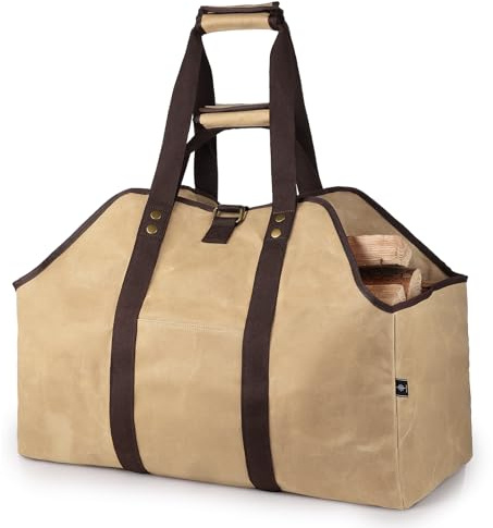 BONTHEE Porte-bûches XXL en Toile avec 2 poignées, 58 x 28 x 45 cm, Beige/Noir