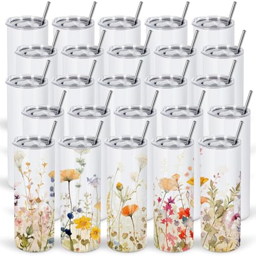 25 Pack Sublimation Tumblers Bulk, 20 Oz Stainless Steel Double Wall Insulated Tumbler, Straight Sublimation Blank Cups with Lid and Straw, Individual Gift Boxed