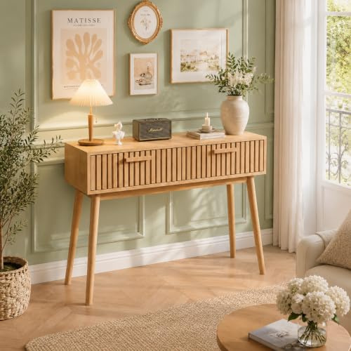 Console entrée bois avec 2 tiroirs, table console entrée style scandinave effet cannelé, meuble d’entrée avec pieds bois massif, console couloir rangement, table d’appoint moderne pour entrée salon